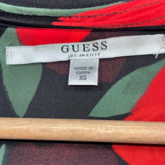 Guess Red Rose Floral Print Maximalist Blouse XS Black Dark Statement Gothic - Picture 3 of 6